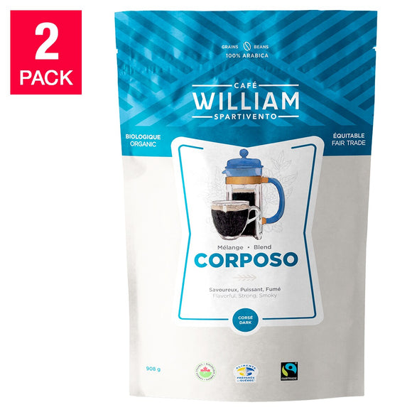 William Spartivento Corposo Dark Roast Fair Trade and Organic Whole Bean Coffee, 908 g (2 lb.), 2-pack
