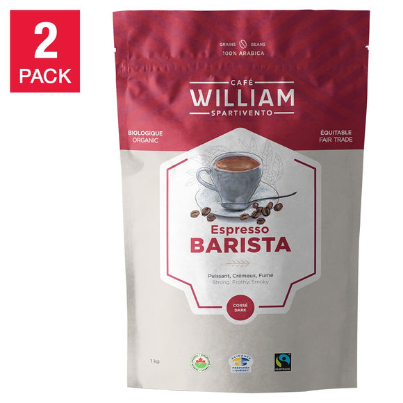 William Spartivento Espresso Barista Dark Roast Fair Trade and Organic Whole Bean Coffee, 2-pack